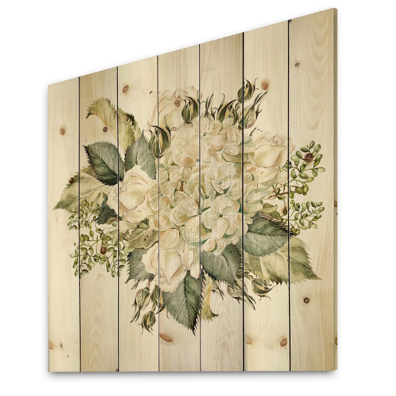 Designart - Beautiful Bouquet With Hudrangea and Roses - Farmhouse Print on Natural Pine Wood